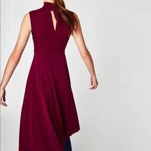 NWT Zara Burgundy XS S Plum Bow Neck Tie Bow Jersey Fit Flare Flowy A-Line Midi
